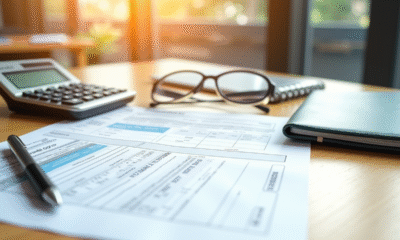 Formulaire fiscal avec calculatrice et lunettes sur un bureau lumineux