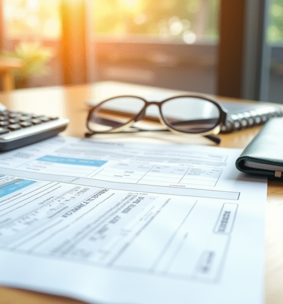 Formulaire fiscal avec calculatrice et lunettes sur un bureau lumineux