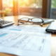 Formulaire fiscal avec calculatrice et lunettes sur un bureau lumineux