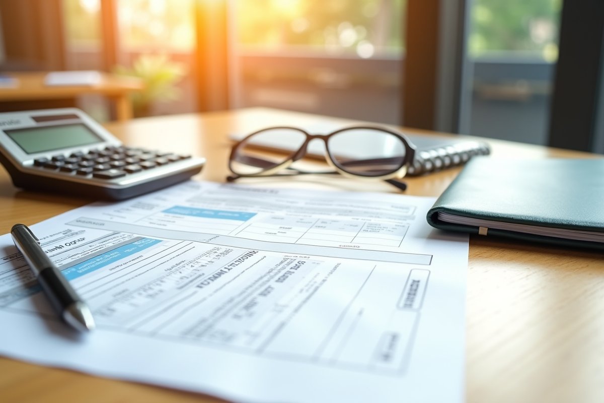 Formulaire fiscal avec calculatrice et lunettes sur un bureau lumineux