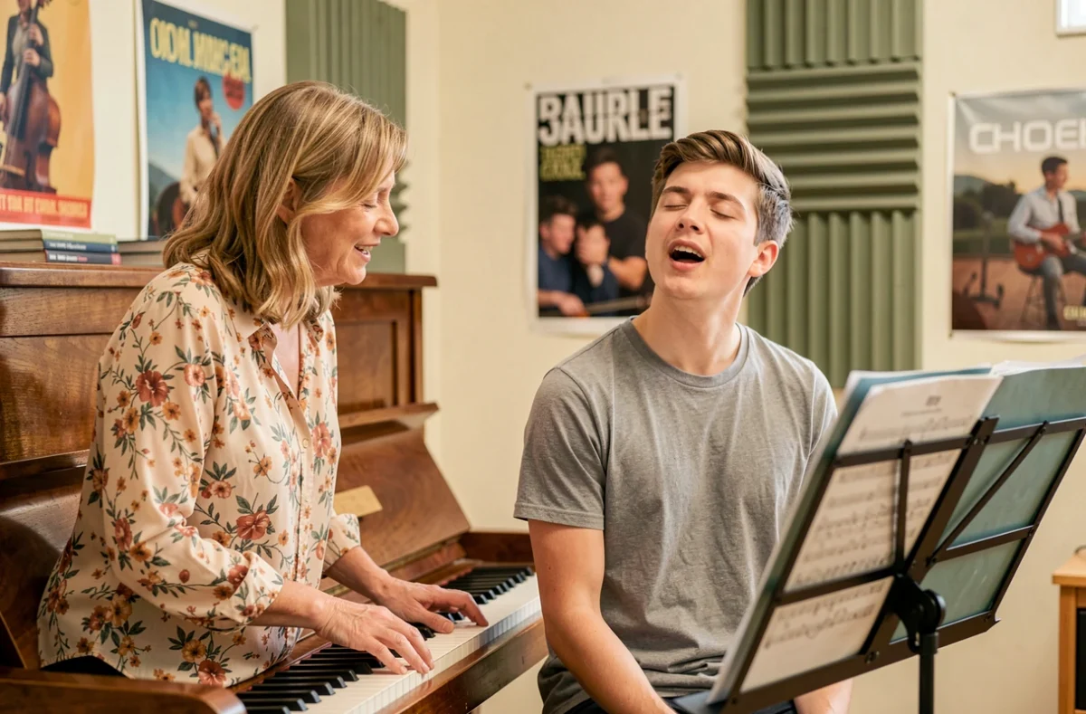 Une professeure de chant accompagne un élève lors d'un cours vocal chez FREESONS