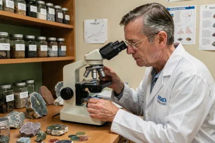 Géologue utilisant un microscope polarisant professionnel pour observer des lames minces de roches en laboratoire universitaire