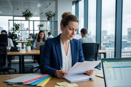 Responsable RH analysant des CV empilés sur un bureau organisé dans un open-space professionnel