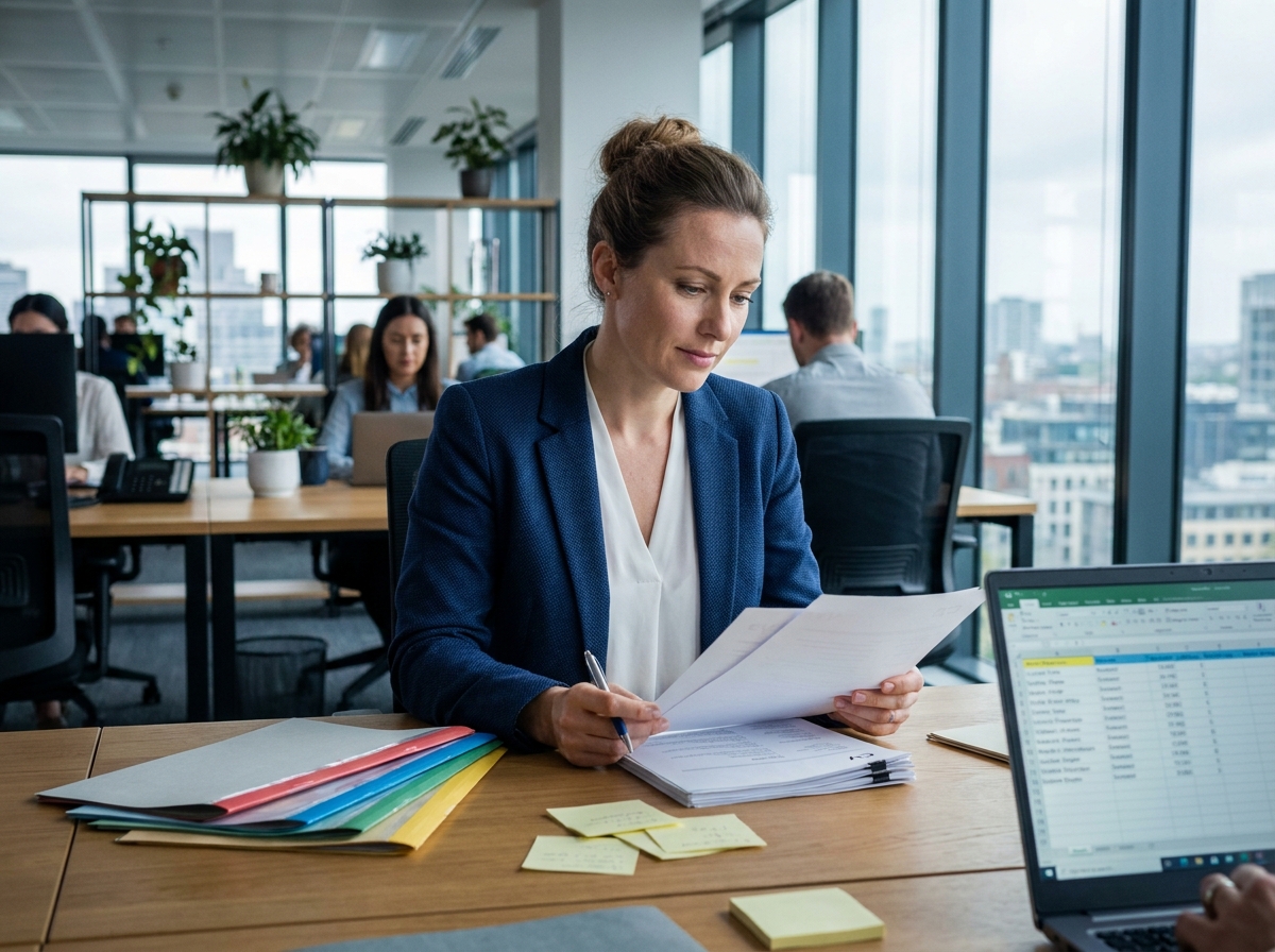 Responsable RH analysant des CV empilés sur un bureau organisé dans un open-space professionnel