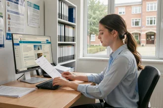 Femme consultant le portail Cyclades pour la gestion des examens et concours sur un ordinateur de bureau dans un bureau administratif universitaire