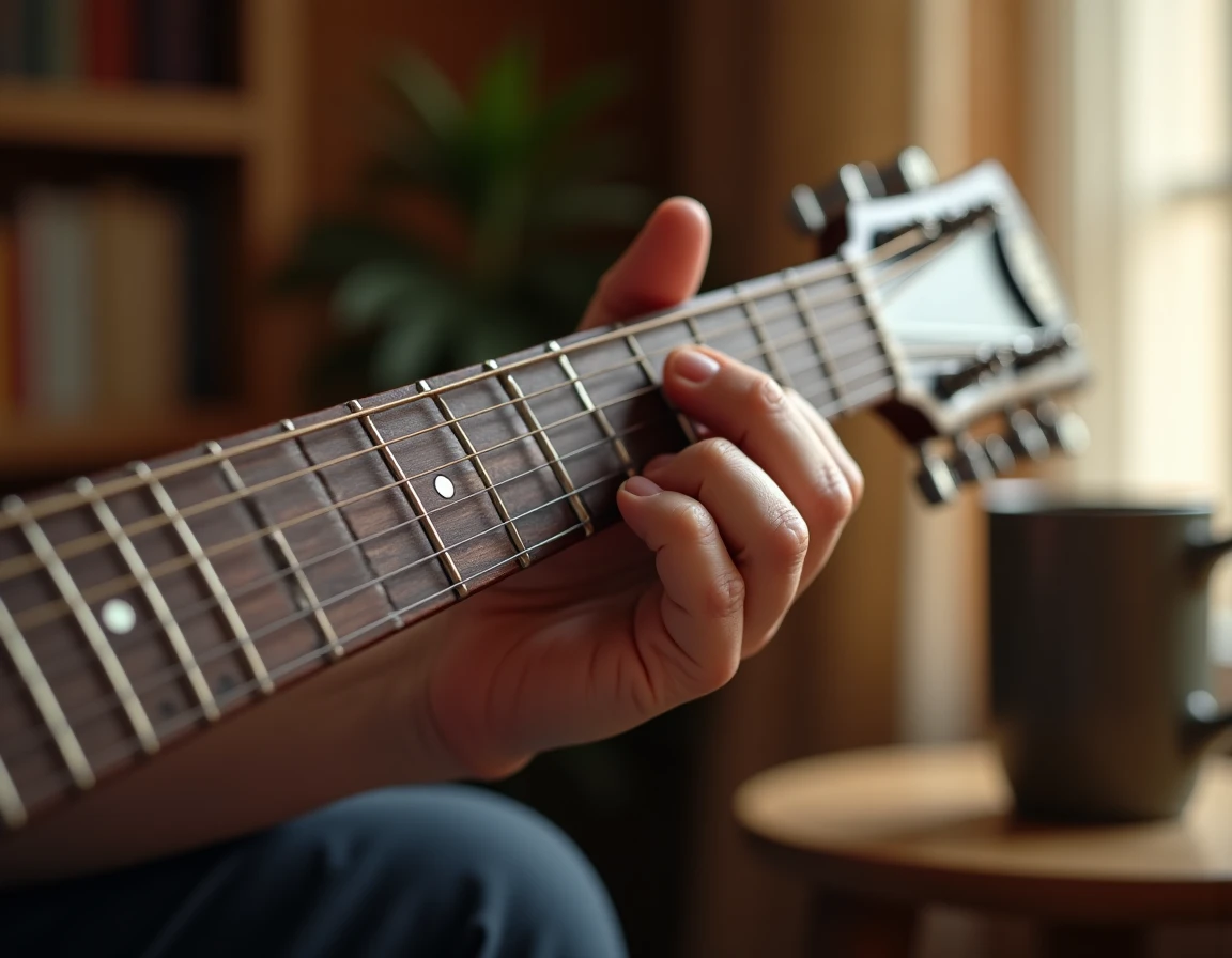 Gros plan des mains d'un guitariste formant l'accord barré de Sol mineur Gm sur une guitare acoustique à cordes en acier
