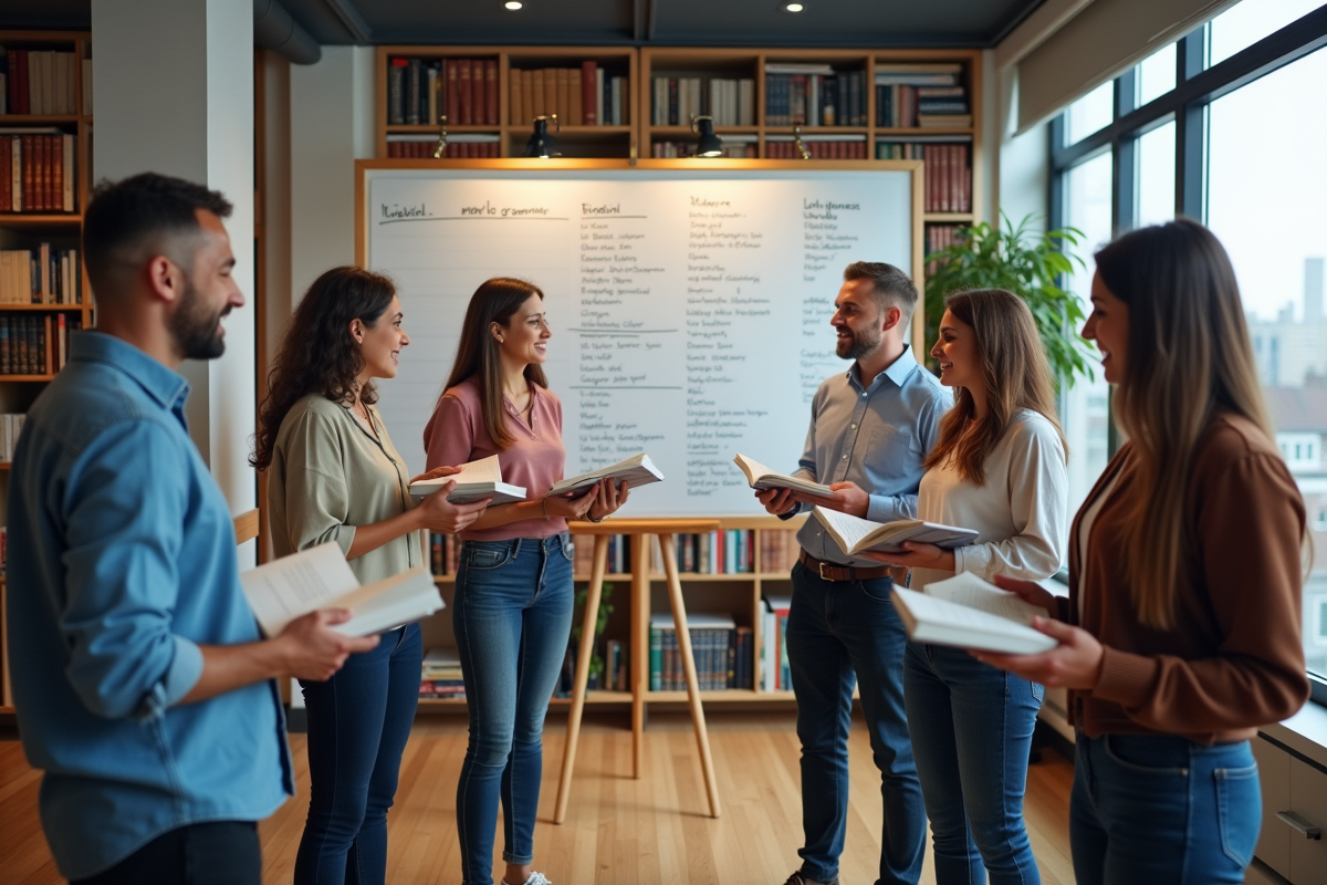 Groupe d adultes discutant autour d un tableau blanc