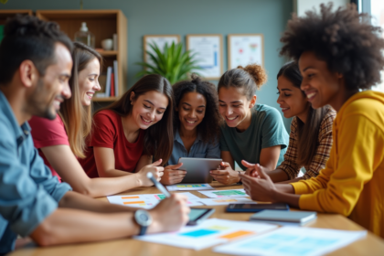 Groupe d'élèves et professeur en activité de groupe