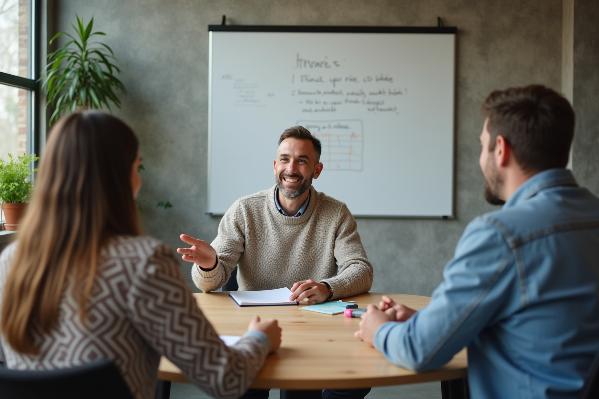 Groupe diversifié en séance de coaching autour d