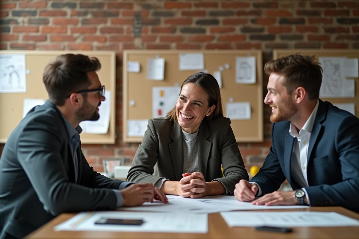 Trois anciens étudiants en discussion dans un studio design