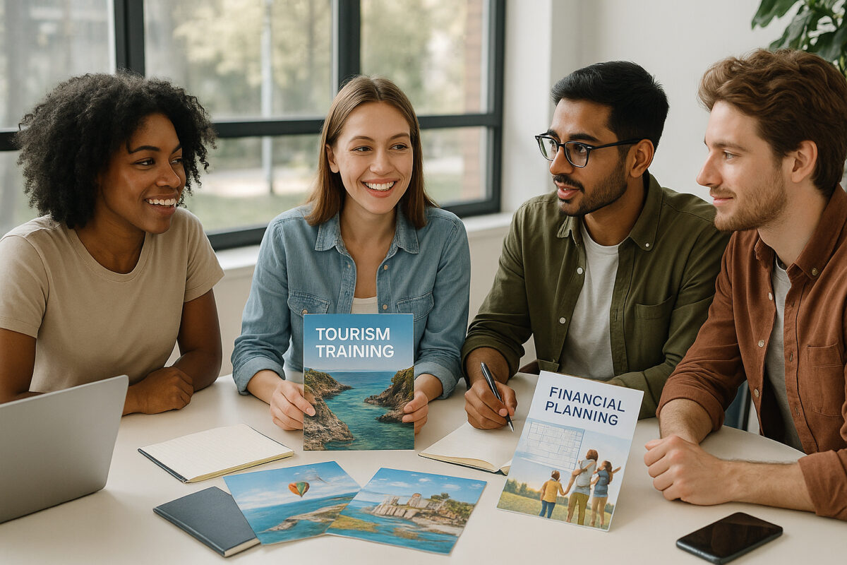 Groupe de jeunes discutant autour d'une table moderne en bureau lumineux