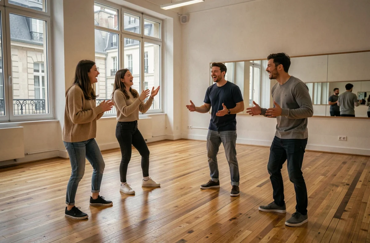 Groupe d'élèves comédiens en exercice d'improvisation collective dans un grand studio de répétition parisien du Cours Florent