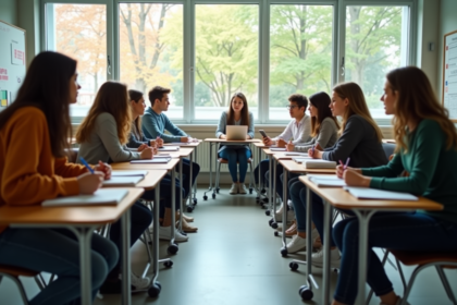 Groupe d'élèves au lycée en discussion en classe moderne