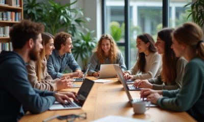 Jeunes adultes en discussion dans une salle moderne