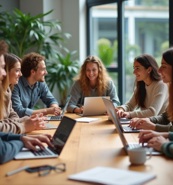 Jeunes adultes en discussion dans une salle moderne