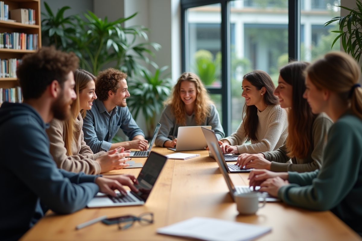 Jeunes adultes en discussion dans une salle moderne