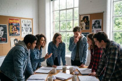 Groupe d'étudiants en discussion dans une salle de cinéma