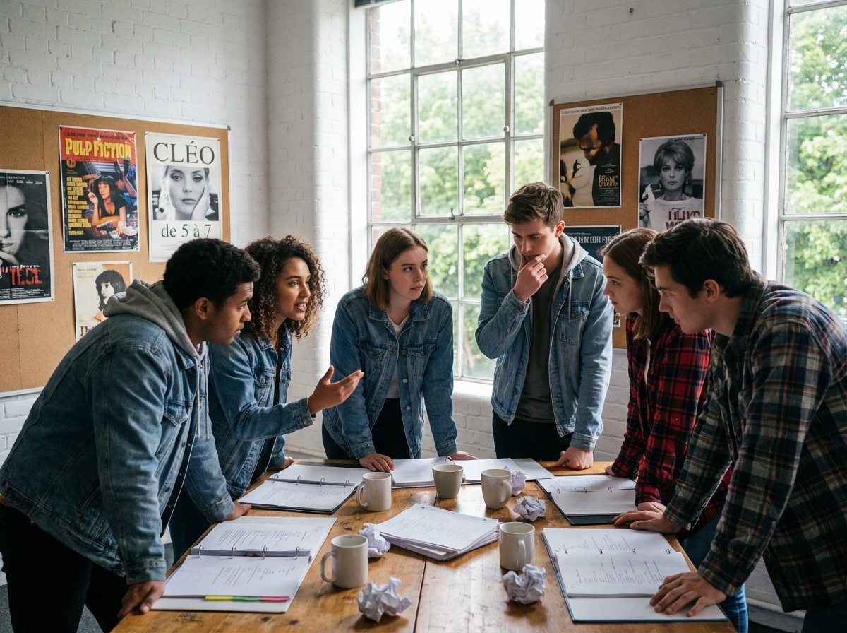 Groupe d'étudiants en discussion dans une salle de cinéma