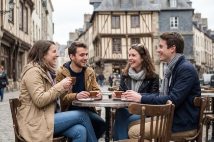Groupe d'étudiants riant sur une terrasse à Rennes