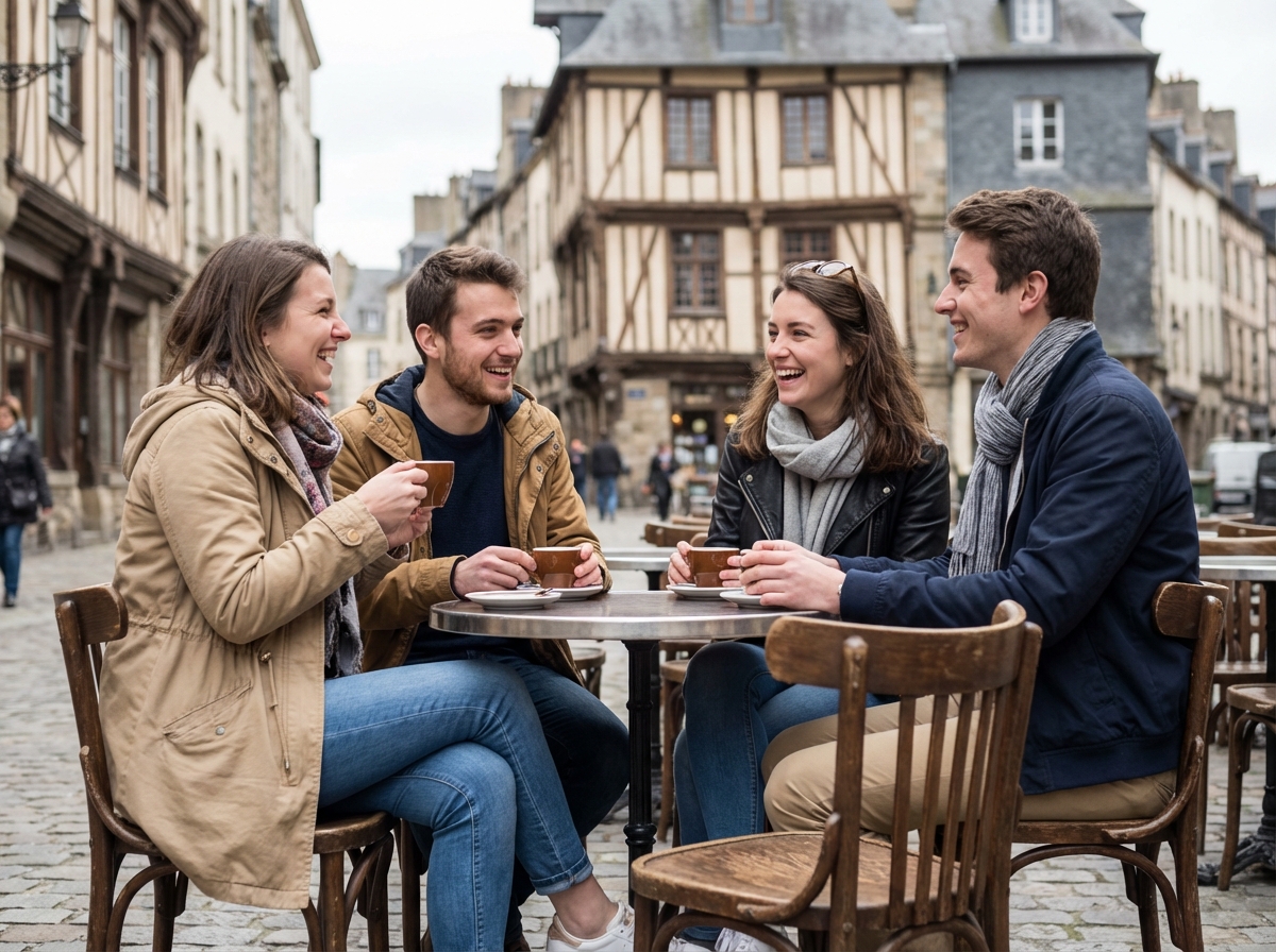 Groupe d'étudiants riant sur une terrasse à Rennes