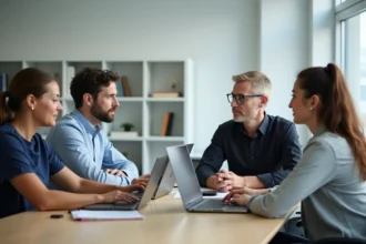 Groupe de quatre adultes en formation Moodle en classe