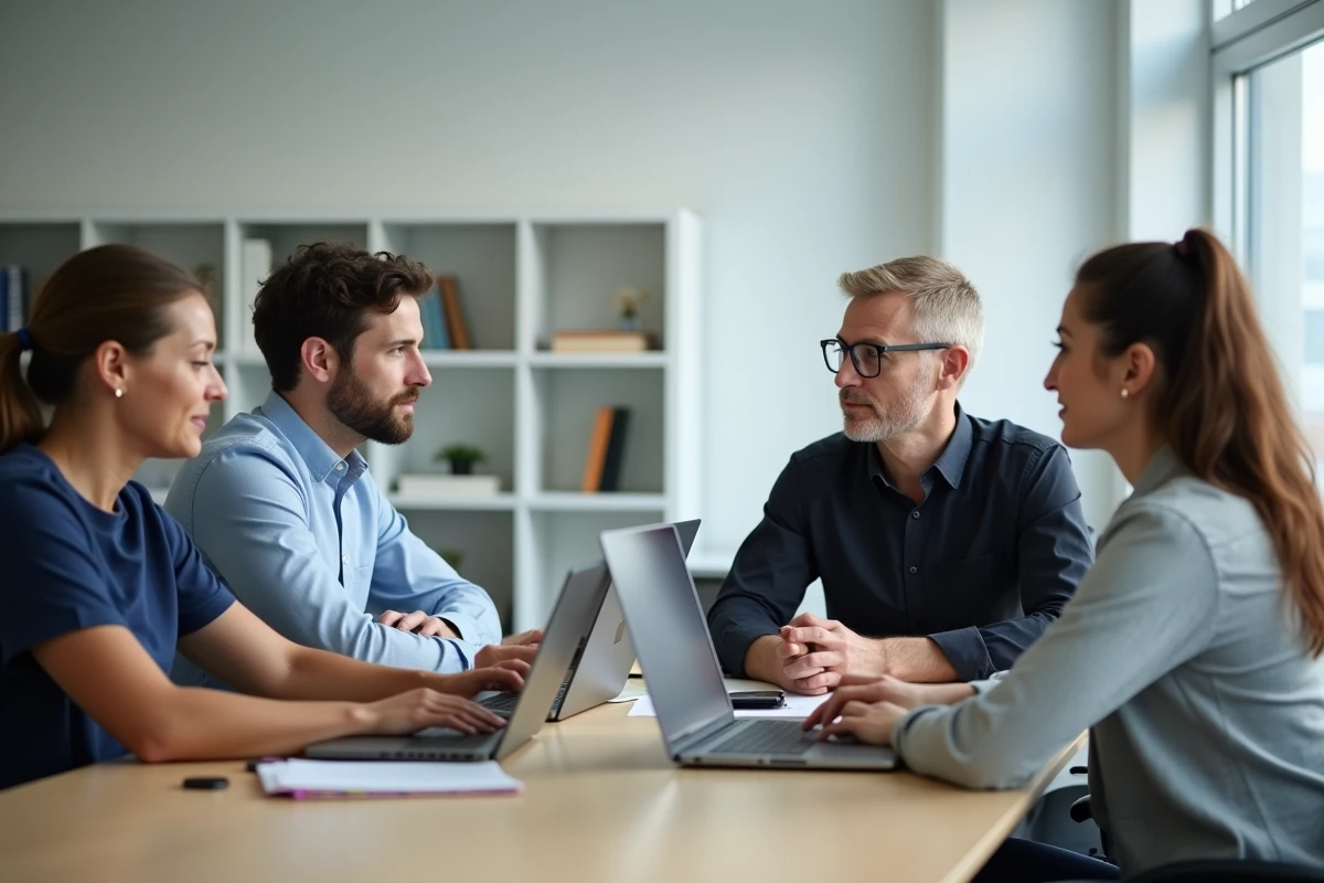 Groupe de quatre adultes en formation Moodle en classe