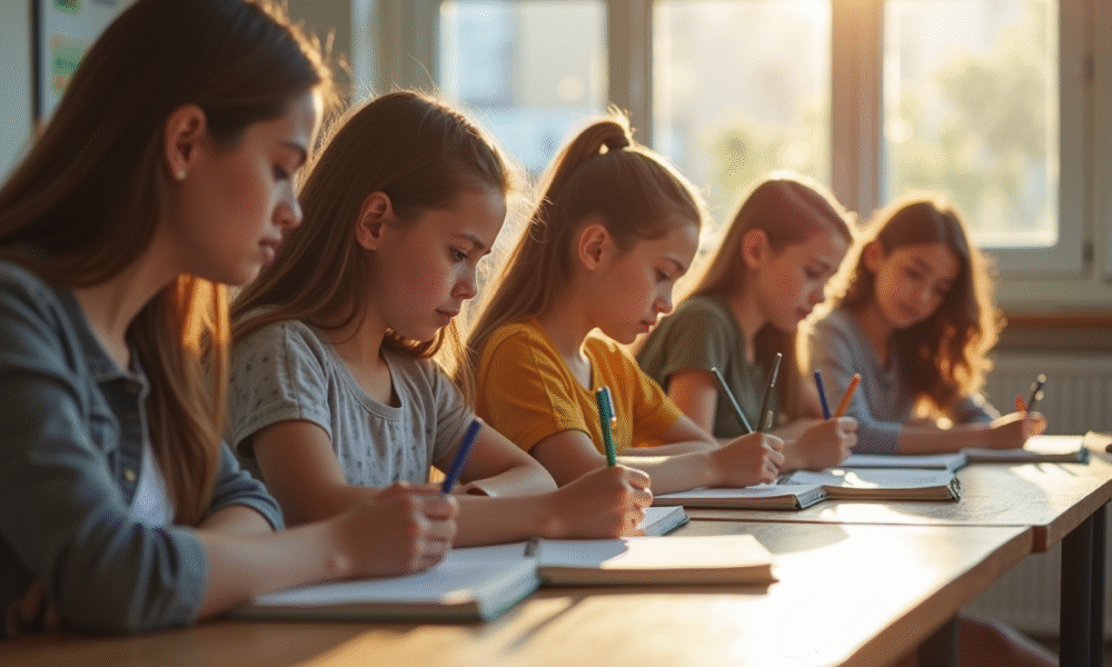 Groupe de jeunes étudiants en classe lumineuse
