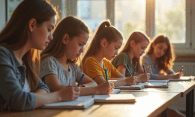 Groupe de jeunes étudiants en classe lumineuse