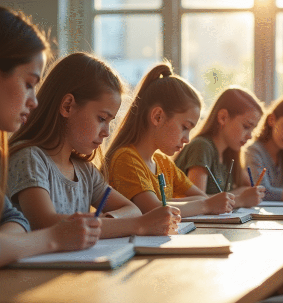 Groupe de jeunes étudiants en classe lumineuse