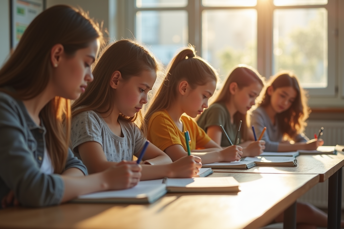 Groupe de jeunes étudiants en classe lumineuse