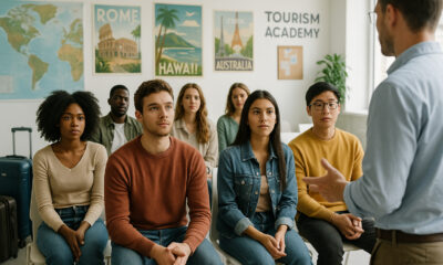 Groupe de jeunes en formation dans une salle moderne avec posters de voyage