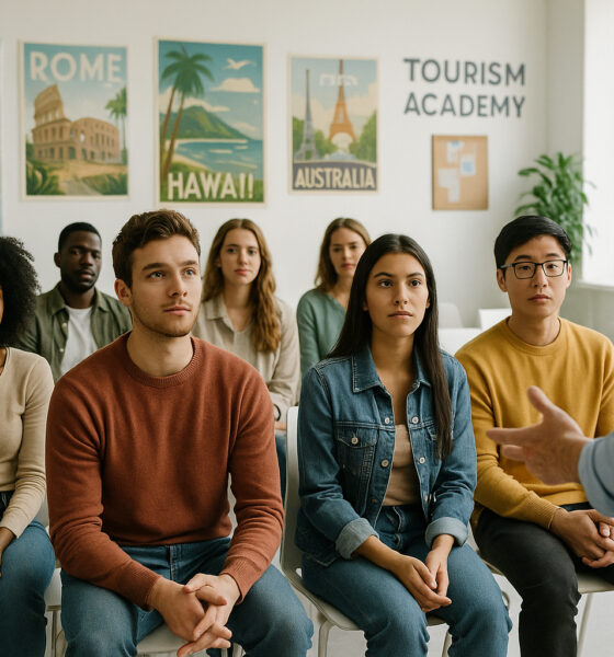 Groupe de jeunes en formation dans une salle moderne avec posters de voyage