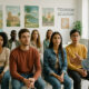 Groupe de jeunes en formation dans une salle moderne avec posters de voyage