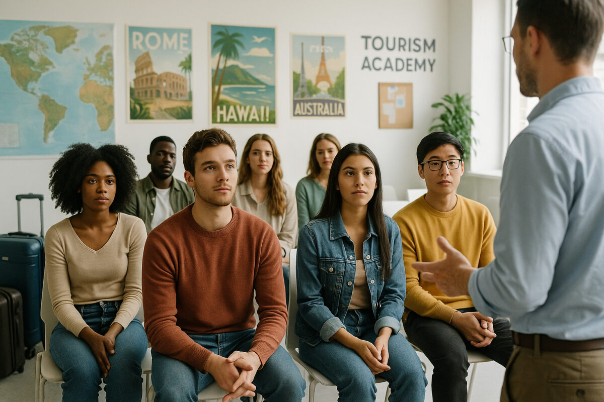 Groupe de jeunes en formation dans une salle moderne avec posters de voyage