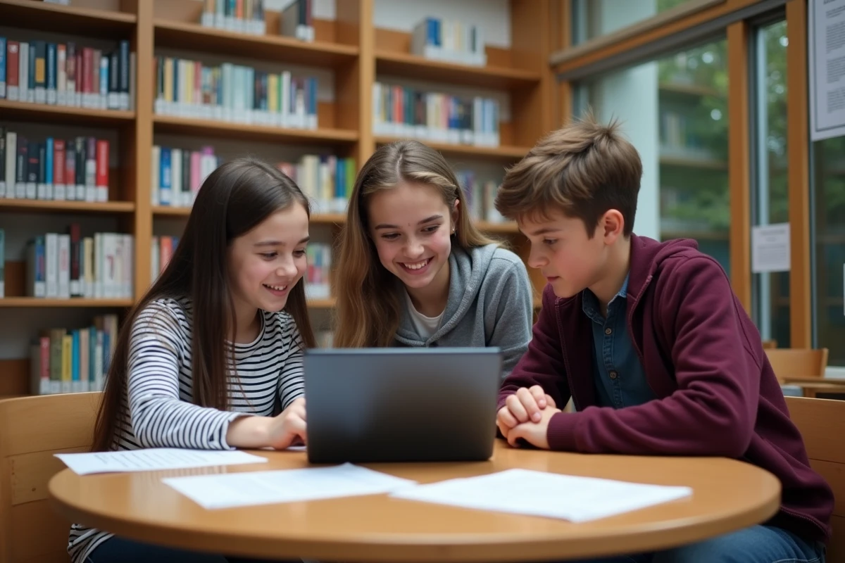 Groupe de lycéens collaborant sur le portail ENT Île-de-France via une tablette dans la bibliothèque du lycée