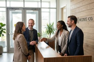 Groupe de professionnels accueillants dans un bureau moderne