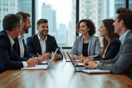 Groupe de professionnels en réunion dans un bureau lumineux
