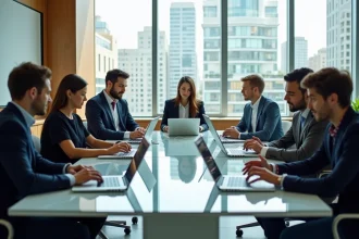 Groupe de professionnels en réunion dans un bureau moderne