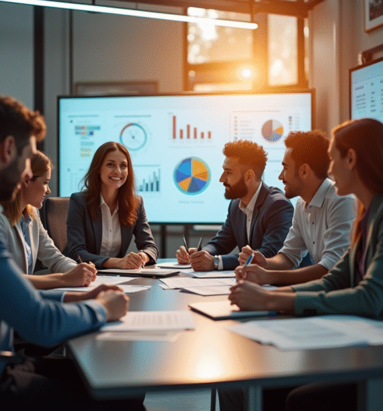 Groupe de professionnels collaborant dans un bureau moderne et lumineux