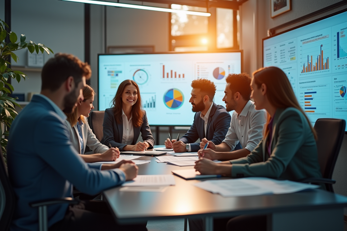 Groupe de professionnels collaborant dans un bureau moderne et lumineux