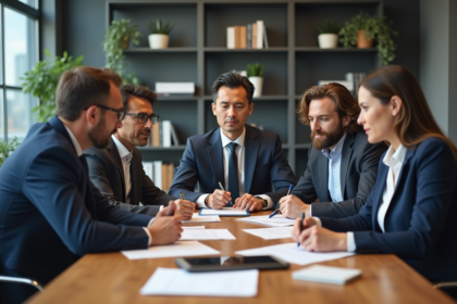 Groupe de professionnels en réunion dans une salle moderne