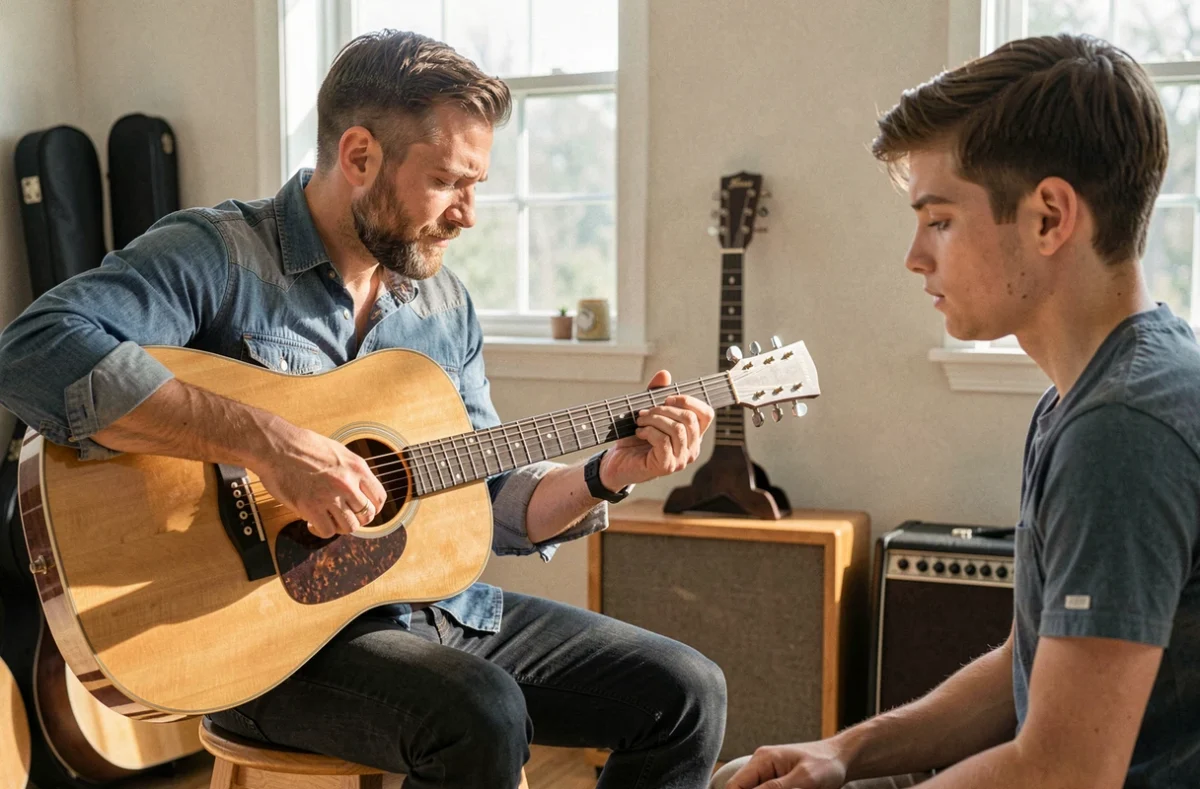 Julien Desbordes enseigne la guitare acoustique à un élève dans son studio Guitar Connection à Lyon
