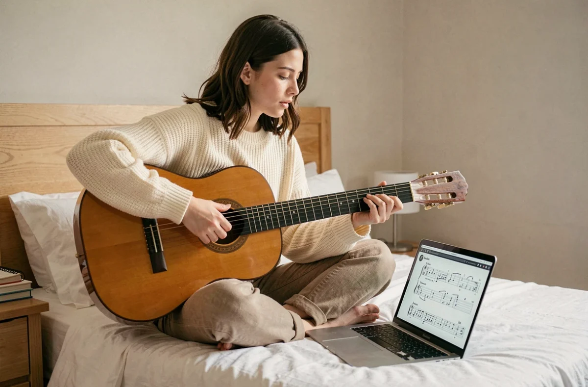 Jeune femme débutante apprenant la guitare classique avec une tablature PDF affichée sur un ordinateur portable dans une chambre