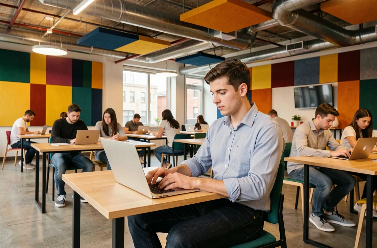 Étudiant de H3 Campus Créteil travaillant sur son ordinateur dans un espace de coworking moderne