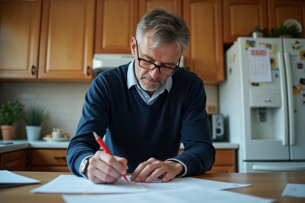 Homme vérifiant ses notes dans une cuisine à la maison