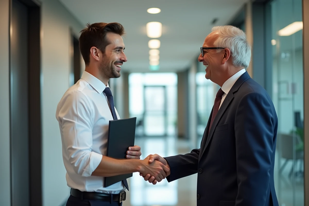 Homme et superviseur se serrant la main dans un couloir professionnel