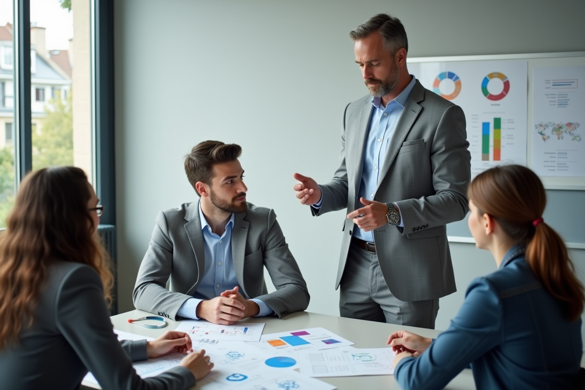 Homme en costume expliquant des graphiques à ses collègues