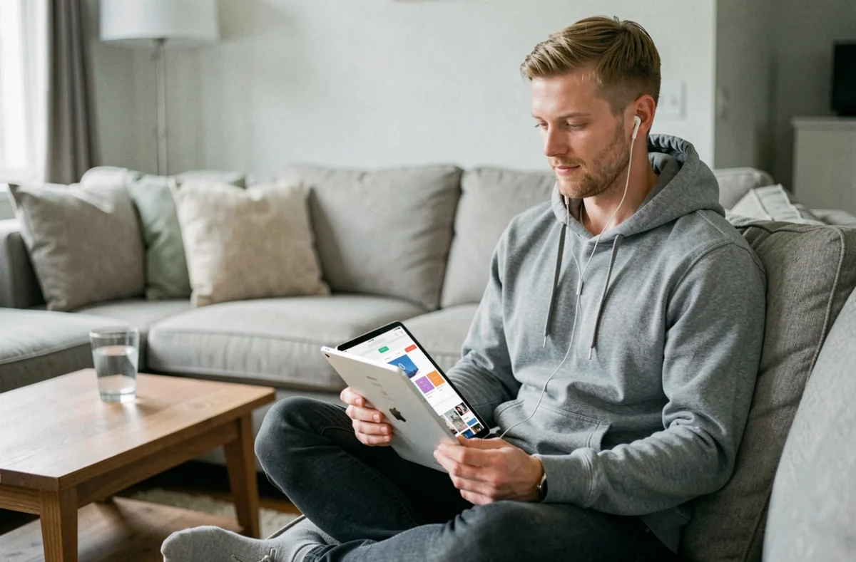 Homme suivant une formation Canva gratuite sur tablette depuis son canapé à la maison