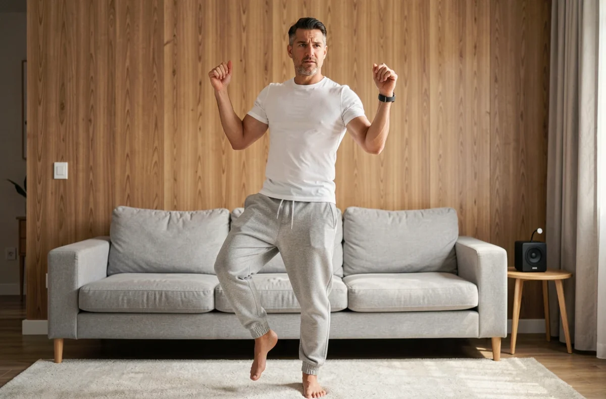 Homme pratiquant la danse kuduro en version lente chez lui dans un salon moderne
