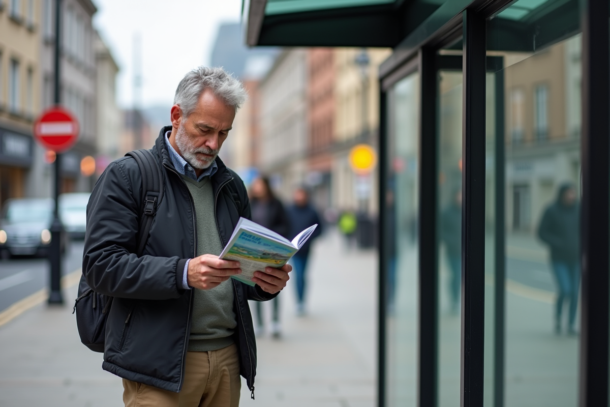 Homme lisant une brochure de voyage en anglais à l
